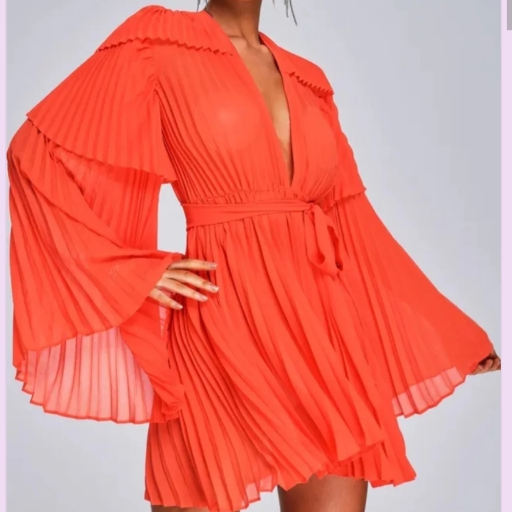 Vibrant Coral Long Sleeve Plested Mini Dress